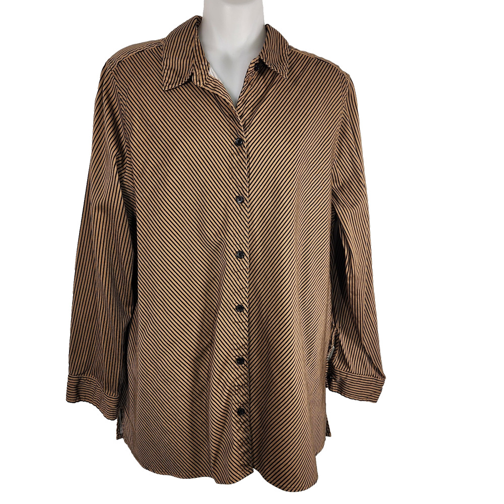 Chicos Women Shirt Button Front Black Brown Striped Cotton Spandex Long Sleeve L